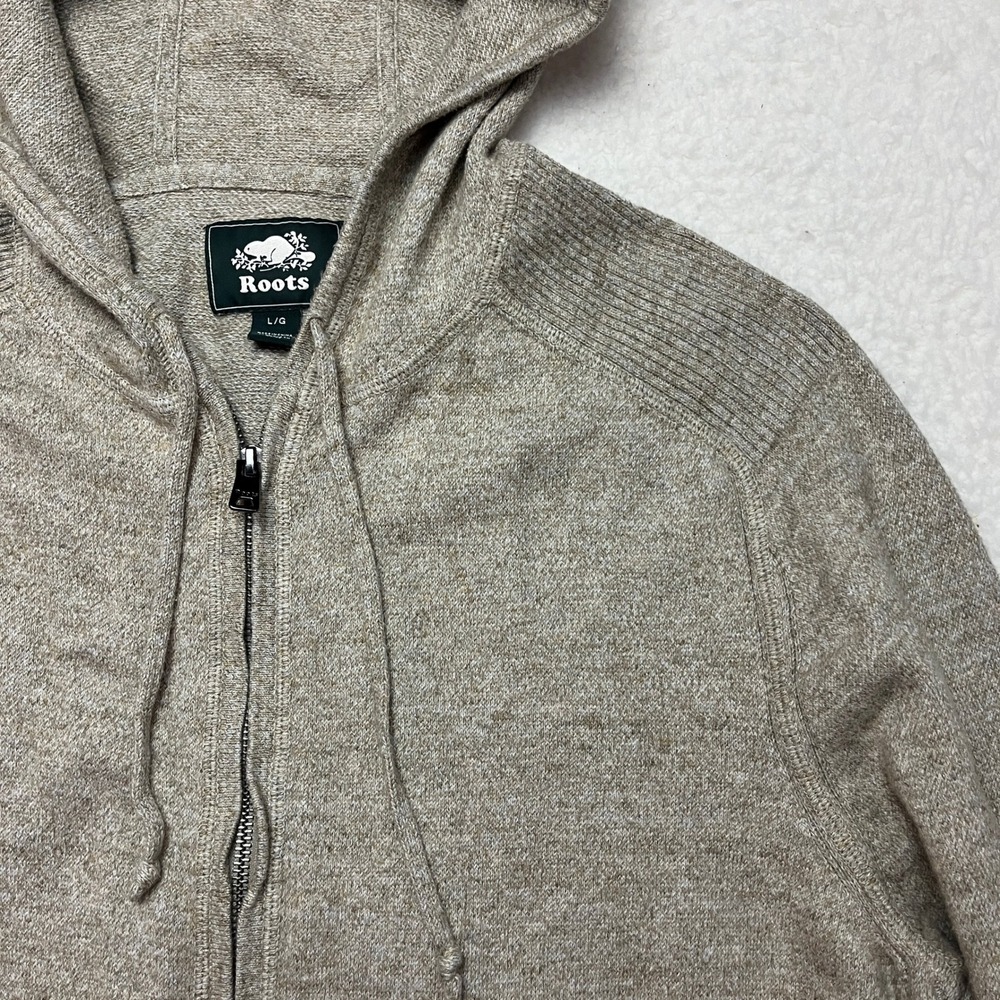 Roots Hoodie Mens L Beige Full Zip Knit Sweater Hooded Cardigan Ribbed Trim 4536
